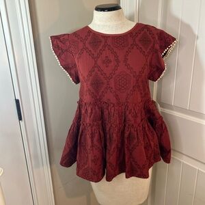 Altar'd State Red Peplum Blouse with Cap Sleeves and Ruffled Details